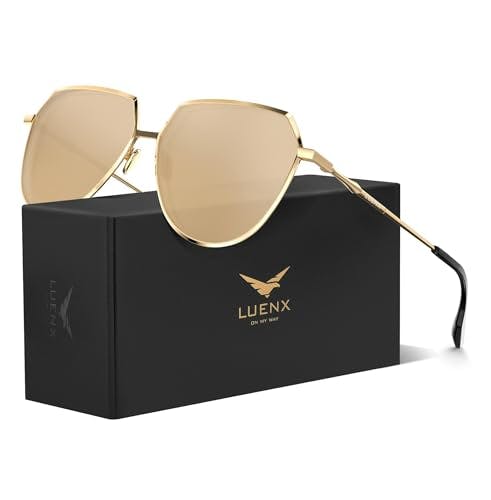 LUENX Aviator Sunglasses Women Men Polarized Shades Polygon Trendy Flat Gold Lenses Fashion Designer Style