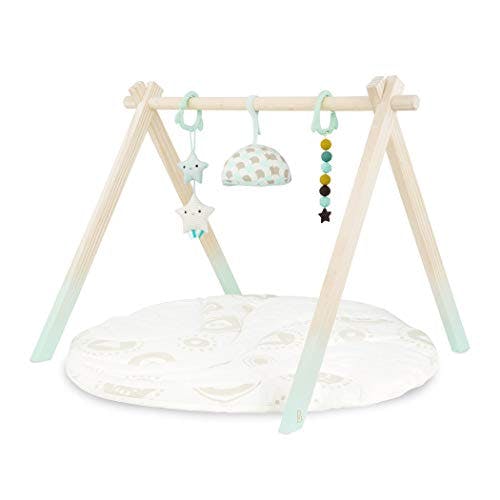 B. toys- B. baby- Wooden Baby Play Gym – Activity Mat – Starry Sky – 3 Hanging Sensory Toys – Natural Wood – Babies, Infants