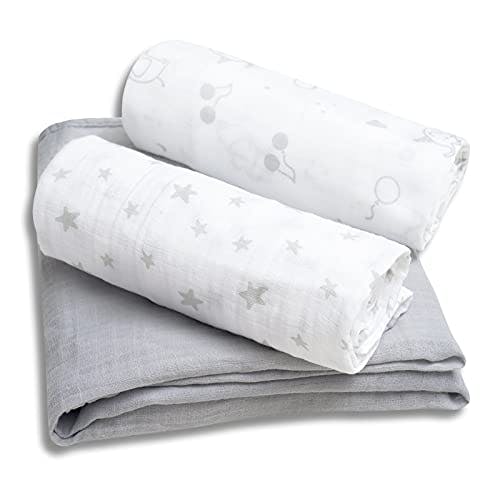 david's kids 3 Pack Baby Muslin Swaddle Blankets-100% Cotton Swaddling Blankets Wrap for Boys and Girls-Large 47x47 inches-Soft Breathable Receiving Blanket-Grey/Elephant/Stars