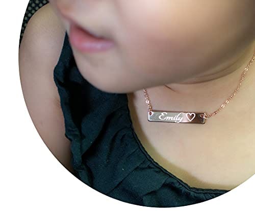 Personalized Baby Children Teen Name Bar ID Necklace - Customizable Gift, 16k Silver/Rose Gold Plated, Child Safety Birth Information - Great for Baptism, Newborns, and First Birthdays