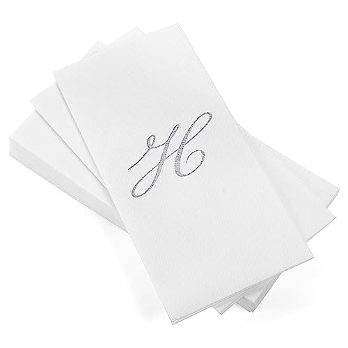 AH AMERICAN HOMESTEAD Disposable Hand Towels for Bathroom 50 Count - Guest Bathroom Essentials -Bathroom Paper Towels - Monogrammed Disposable Napkins - Wedding Napkins in Paper Towel Tray (Silver, H)