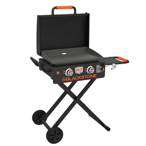 Blackstone 22” On The Go Scissor-Leg Griddle with Two Burners -Stainless Steel Gas Griddle with Hood, Wheels, Side Shelf –Heavy Duty Outdoor Stainless Steel Griddle for Backyard, Patio Camping –1935