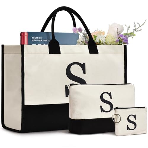 GASSDA Initial Canvas Tote Bag, Birthday Gifts For Women, Monogram Personalized Gifts For Women Mom Teachers Bridesmaids (S 3PCS)
