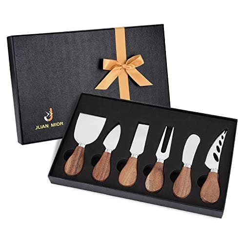 JLIAN MIOR Exquisite 6-Piece Cheese Knives Set, Stainless Steel Cheese Knife Set Collection (Acacia Wood Handle)