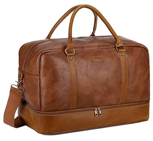 BAOSHA Vegan Leather Large Travel Duffel Tote Bag Carry On Weekender Overnight Bag With Shoe Compartment HB-38 (Brown)