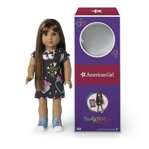 American Girl Truly Me 18-inch Doll #122 with Brown Eyes, Dark-Brown Hair w/Highlights, Tan Skin, T-shirt Dress, For Ages 6+