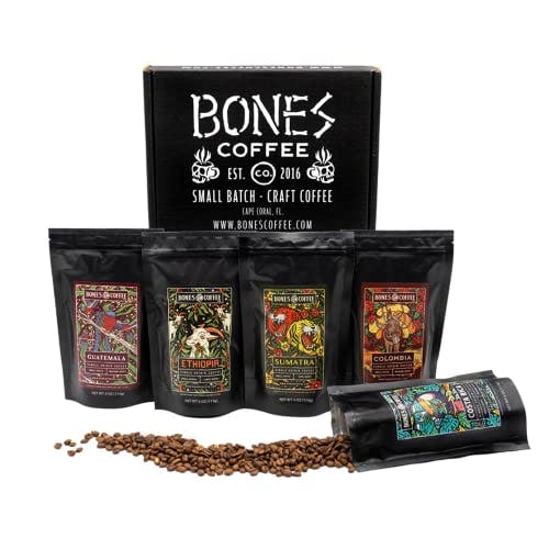 Bones Coffee Company NEW World Tour Sample Pack | Whole Coffee Beans Sampler Gift Box Set | 4 oz Pack of 5 Assorted Single-Origin Gourmet Coffee Gifts | Medium Roast Coffee Beverages (Whole Bean)