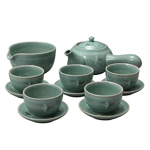 Korean Style Celadon Porcelain Crane Bird Cloud Design Tea Ceremony Complete Service Gift Set Ceramic Pottery 11.8 oz (350ml) Side Handle Tea Pot Cups Saucers Teapot Pitcher Bowl for Cooling Hot Water