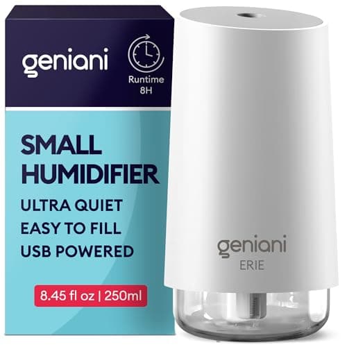 GENIANI Portable Small Cool Mist Humidifiers - USB Desktop Humidifier for Plants, Office, Car, Baby Room with Auto Shut Off & Night Light - Quiet Mini Humidifier (White, 0.25L, USB)