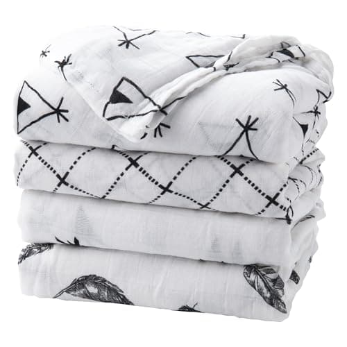 upsimples Baby Swaddle Blanket Unisex Swaddles Wrap Soft Silky Muslin Neutral Receiving Blankets for Boys and Girls, Large 47 x 47 inches, Set of 4 - Arrow/Feather/Tent/Crisscross