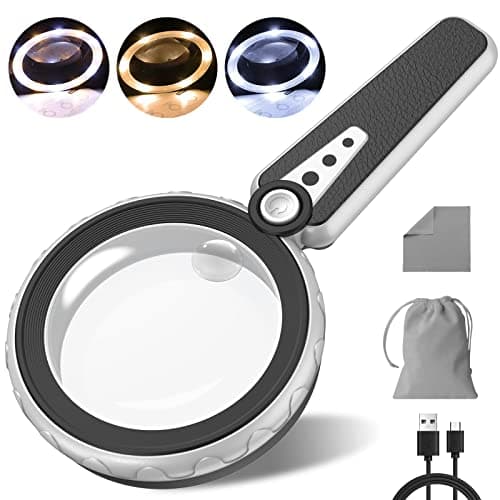 Magnifying Glass with Light-6X 10X 12 LED Handheld Illuminated Lighted Magnifying Glasses, 3 Cool and Warm Light Modes & Adjustable Brightness, Magnifier for Close Work, Seniors Reading,Powered by USB