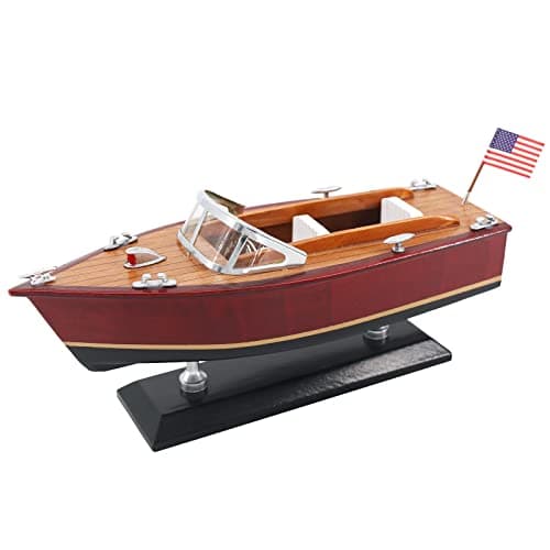 NAUTIMALL 10" Wooden Speedboat Model Ship Sailing runabout 1/27 Scale Replica Nautical Decoration (10”, Burgundy)