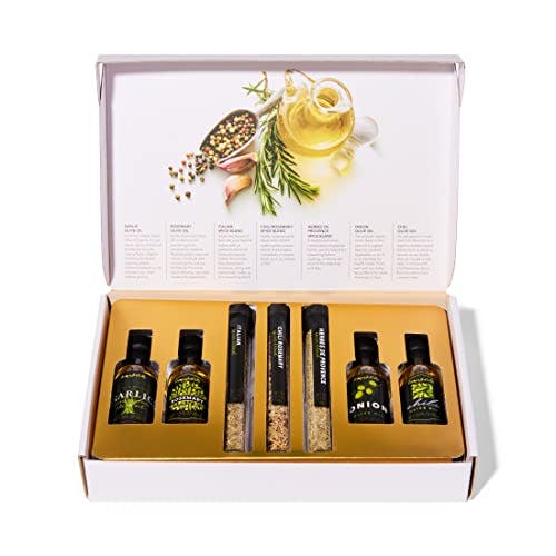 Thoughtfully Gourmet, Olive Oil Spice Infusion Gift Set, Premium Cold Pressed Extra-Virgin Olive Oil from Spain, Includes 4 Flavored Olive Oils and 3 Flavorful Spice Infusion Blends, Set of 7
