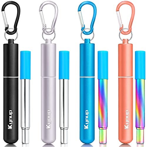 Kynup Reusable Straws, 4Pack Collapsible Portable Foldable Metal Straw Stainless Steel Drinking Travel Telescopic Straw with Case, Cleaning Brushes, Keychain Gifts (Blue-Black- Rose Gold-Silver)