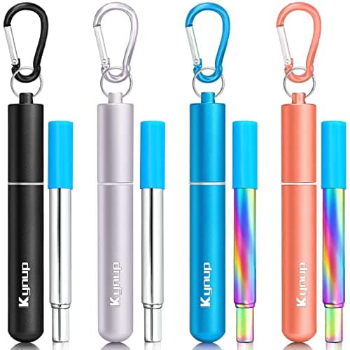 Kynup Reusable Straws, 4Pack Collapsible Portable Metal Straw Reusable Foldable Stainless Steel Drinking Travel Telescopic Straw with Case, Clean Brush, Keychain Gifts (Blue-Black- Rose Gold-Silver)