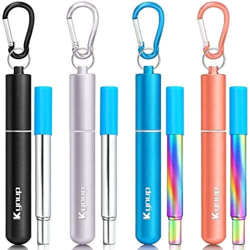 Kynup Reusable Straws, 4Pack Collapsible Portable Foldable Metal Straw Stainless Steel Drinking Travel Telescopic Straw with Case, Cleaning Brushes, Keychain Gifts (Blue-Black- Rose Gold-Silver)