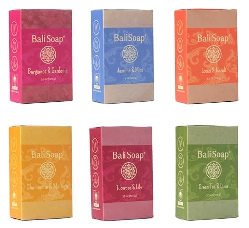 Bali Soap - Feminine Collection Natural Soap Bar Gift Set, 6 pc Variety Pack, Bergamot-Gardenia, Jasmine-Mint, Lotus-Neroli, Chamomile-Moringa, Tuberose-Lily, Greentea-Lime 3.5 Oz each