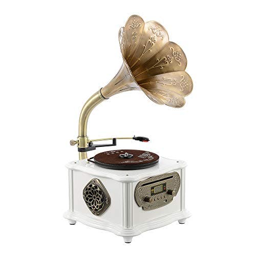 White Vintage Classic Home Decoration Retro Antique Gramophone Phonograph Turntable Vinyl Record Player Stereo Speakers System Control 33/45 RPM FM AUX USB CD Ouput Bluetooth 4.2 (White)
