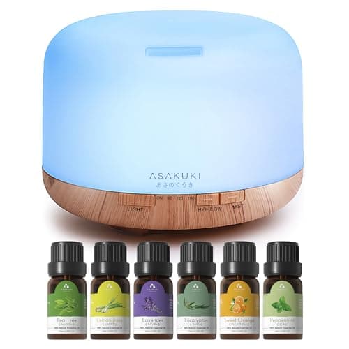 ASAKUKI Essential Oil Diffuser with Essential Oils Set, 500ml Aromatherapy Diffuser - 14 LED Colors & Auto Shut-Off, Top 6 Essential Oils - Lavender Eucalyptus Tea Tree Orange Peppermint Lemongrass