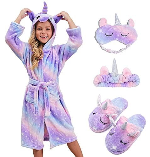 CHETOSHO Soft Unicorn Hooded Robe with Matching Slippers Headband and Blindfold for Girls - Purple Stars 6-7 Years