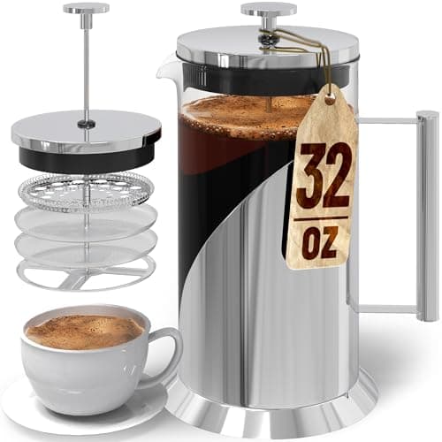 Cafe Du Chateau Stainless Steel French Press Coffee Maker - 34oz Insulated Coffee Press with 4-Level Filtration, BPA Free, Durable Glass, Great for Tea