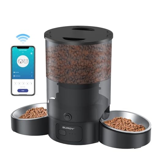 Automatic Cat Feeder for 2 Cats, SURDY 2.4G WiFi Smart Pet Feeder with APP Control for Remote Feeding, 3L Timed Pet Feeder Programmable 1-10 Meals, Dual Power Supply, Desiccant Bag, 10s Meal Call