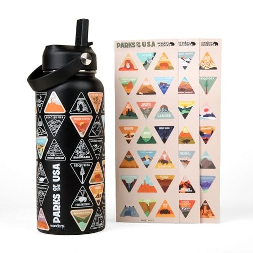 Original National Parks of the USA Bucket List Travel Water Bottle with Waterproof Stickers and Straw | Black 32 oz Screen Printed | Insulated Stainless Steel Vacuum Sealed | Leak Proof