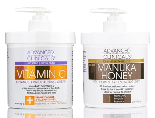 Advanced Clinicals Vitamin C Brightening Cream + Manuka Honey Body Lotion & Face Moisturizer 2pc Skin Care Bundle | Anti Aging Body Butter Lotion & Face Lotion For Women, Dry Skin, & Wrinkles, 2pc