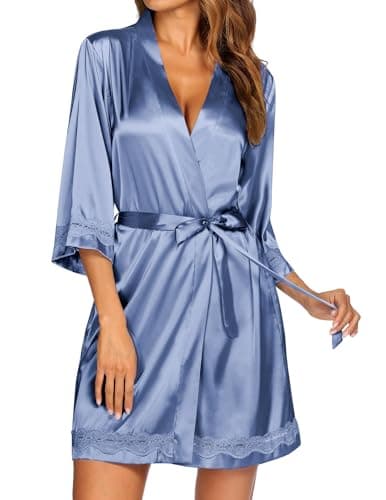 Ekouaer Women's Lace-Trim Silk Robes Bride Bridesmaid Kimono Satin Bathrobe V Neck Sleepwear with 3/4 Sleeve