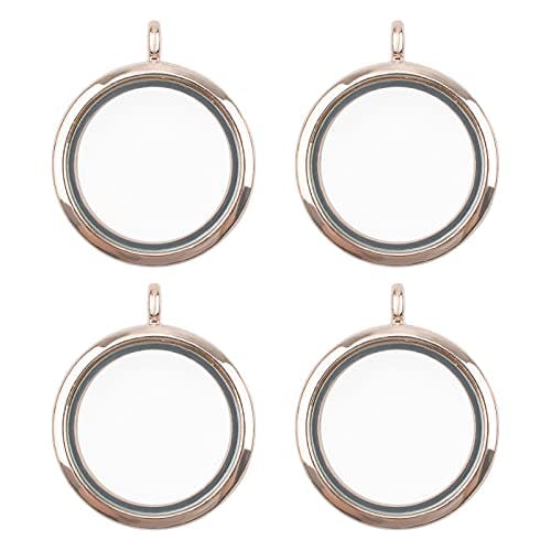 WANDIC Memory Locket Charms, 4 Pcs Round Rose Gold Electroplated Crystal Picture Frame Bouquet Charm, Living Floating Memory Locket for 2 Photos