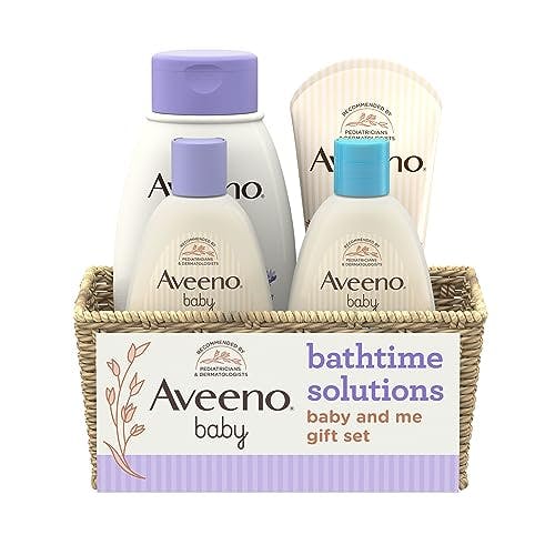 Aveeno Baby Bathtime Solutions Baby & Me Gift Set with Baby Wash & Shampoo, Calming Baby Bath, Baby Daily Moisturizing Lotion & Stress Relief Body Wash for Mom, Oatmeal, 4 Items
