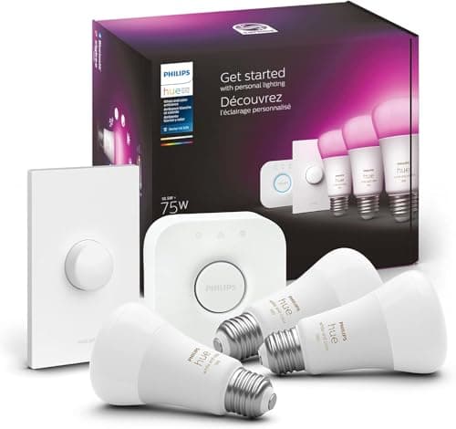 Philips Hue Smart Light Starter Kit - Includes (1) Bridge, (1) Smart Button and (3) Smart 75W A19 LED Bulb, White and Color Ambiance, 1100LM, E26 - Control with Hue App or Voice Assistant