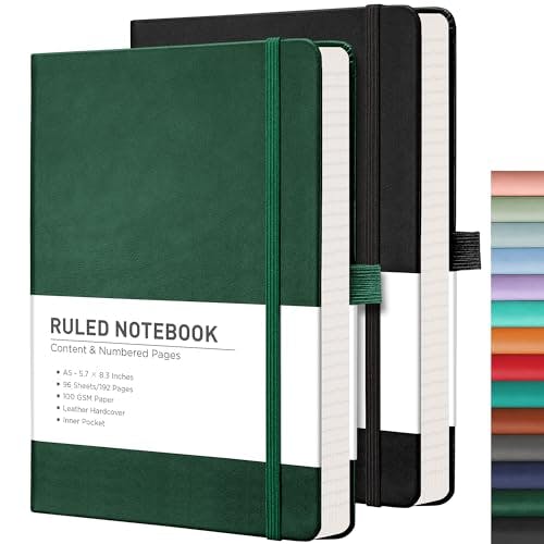 RETTACY Journaling Notebooks 2-Pack - A5 Notebooks College Ruled with 192 Numbered Pages per Pack, for Work, School, 100 GSM Acid-Free Paper, Leather Hardcover, 5.7" × 8.3" (Black & Green)