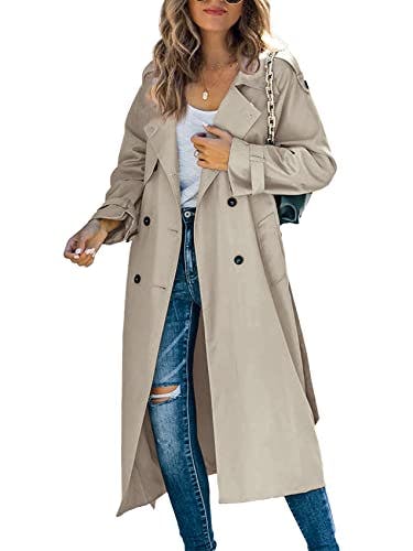 Makkrom Women's Double Breasted Long Trench Coat Windproof Classic Lapel Slim Overcoat with Belt