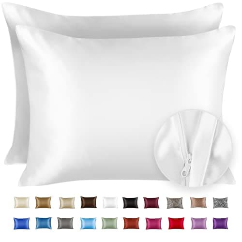 ShopBedding Satin Pillowcase with Zipper for Hair and Skin Care, Feels Soft and Cool Like a Silk Pillowcase, White Satin Pillow Cases 2 Pack, Slik Pillow Cover, Standard Size - Set of 2 - Blissford