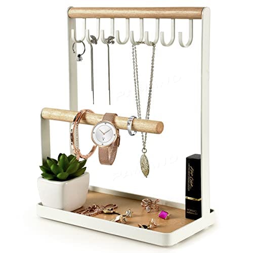 PAMANO Jewelry Stand Holder, 3-Tier Necklace Hanging Wooden Ring Organizer Earring Tray, 8 Hooks Storage Necklaces, Bracelets, Rings & Watches Display On Desk Tabletop - White