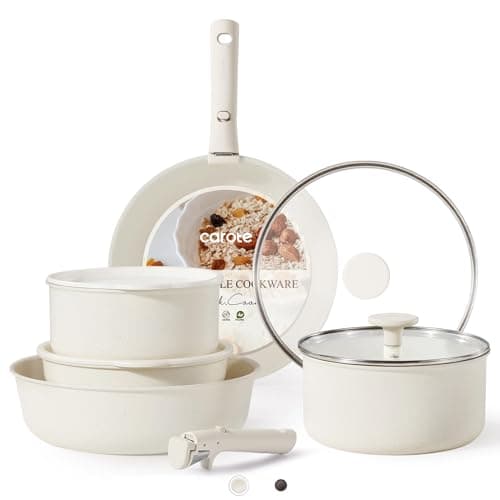 CAROTE 11pcs Pots and Pans Set Non Stick, Cookware Sets, Kitchen Set, Oven/Fridge Safe, Space Saving Pots Set, Nonstick Cooking Set with Versatile Detachable Handle, Induction RV Set, Cream White