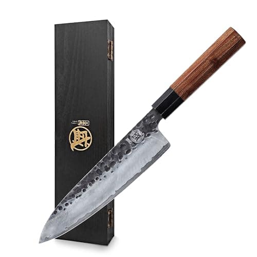 MITSUMOTO SAKARI 8 inch Japanese Gyuto Chef Knife, Professional Hand Forged Kitchen Chef Knife, 3 Layers 9CR18MOV High Carbon Meat Sushi Knife (Rosewood Handle & Sandalwood Box)