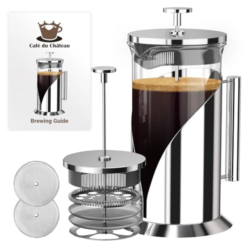 Cafe Du Chateau Stainless Steel French Press Coffee Maker - 34oz Insulated Coffee Press with 4-Level Filtration, BPA Free, Durable Glass French Press, Ideal for Tea & Coffee