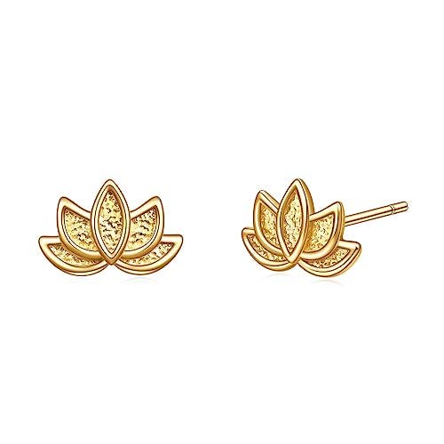Gold Plated Sterling Silver Lotus Flower Stud Earrings for Women | Hypoallergenic Minimalist Stud Earring for Teen Girls