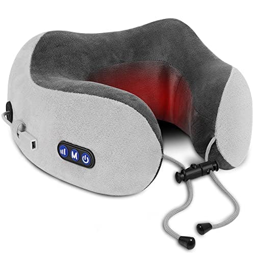 XSWQDLQ Travel Neck Pillow/Electric Neck Massager with Heating, Memory Foam Pillow for Neck Pain Relief, Neck Support Pillow for Airplane, Car, Office, Gift (Grey)