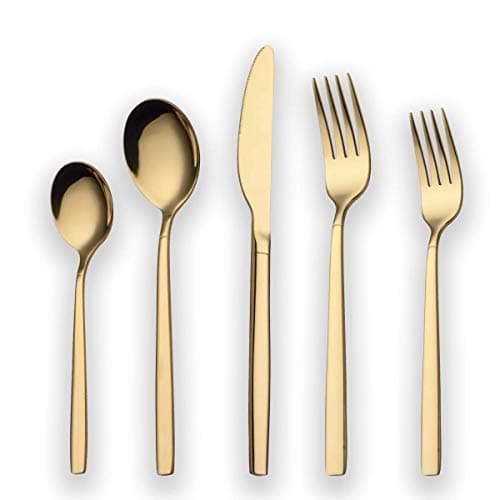 Berglander 20 Piece Titanium Gold Plated Stainless Steel Flatware Set, 20 Pieces Golden Silverware Set, Golden Cutlery Set, Service for 4 (shiny Gold)