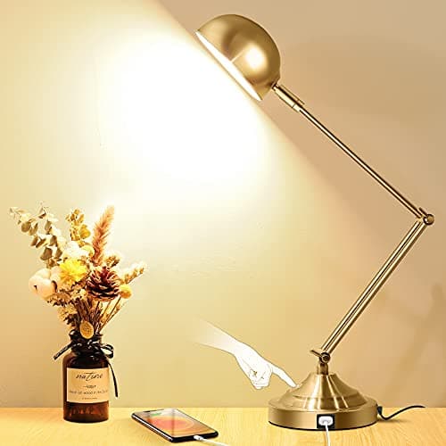 Architect Gold Desk Lamp Dimmable with USB Port, Adjustable Touch Control Vintage Desk Lamp 3 Color Modes, Brass Metal Desk Lamp Retro Style Reading Light for Home Office Desk Bedside Table