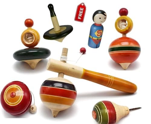 Channapatna Toys Wooden Spinning Tops Toys Combo Pack of 6 Toys for Kids (3 Years+) - Multicolor - Curiosity & Fine Motor Skills