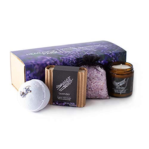Hemlock Park Artisanal Spa Collection | Apothecary Candle, Shea Butter Soap, Bath Bomb, Mineral Salt Bath Soak | Handcrafted with Organic Ingredients (Lavender)