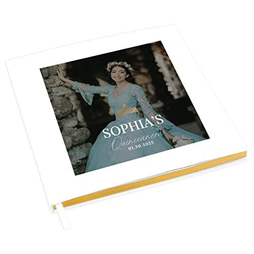 Andaz Press Personalized Quinceañera Guest Book with Gold Accents, Custom Photo Gold Crown, 120 Pages 8.5"x8.5" Hard Cover Photo Album for Mis Quince Años XV Sweet 15th Birthday Decorations, 1-Pack