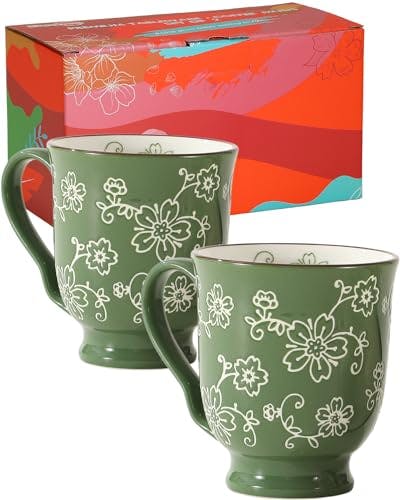 KUNABOO Artisanal Ceramic Mug set, coffee cups ceramic, Porcelain Mug Set of 2-11 oz -Sakura Floral Series Pine Green - Ready to Wrap Gift