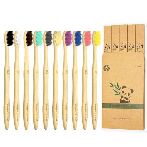 Virgin Forest 10 Count Bamboo Toothbrush,Soft Bristle for Adults, Eco Friendly Natural Wooden Toothbrushes, Vegan Organic Bamboo Travel Tooth Brush (10 Colors)