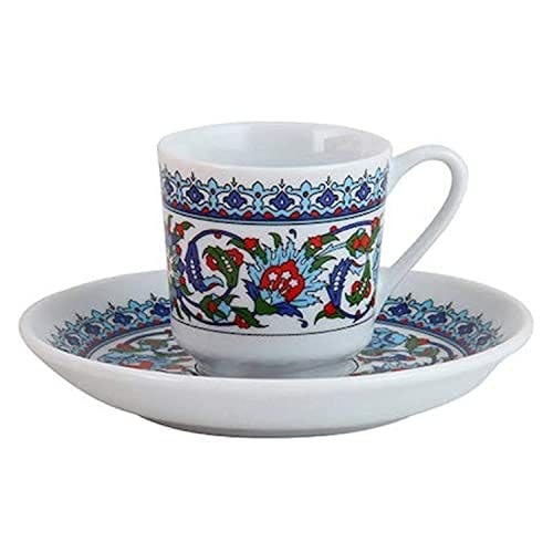 parti dolabı Amazing Turkish Arabic Coffee Espresso Cups 5 Pcs Fancy Set Famous Turkish Porcelain Cups with Saucers, Pot,Blue Velvet Authentic Box (Turkish Coffee Cup and Saucer (2 Sets) 4 Pieces)