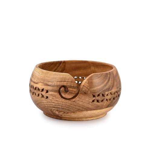 SAMHITA Acacia Wood Yarn Bowl Holder |Handmade Crocheting Accessories and Supplies Organizer (7" x 7" x 4")